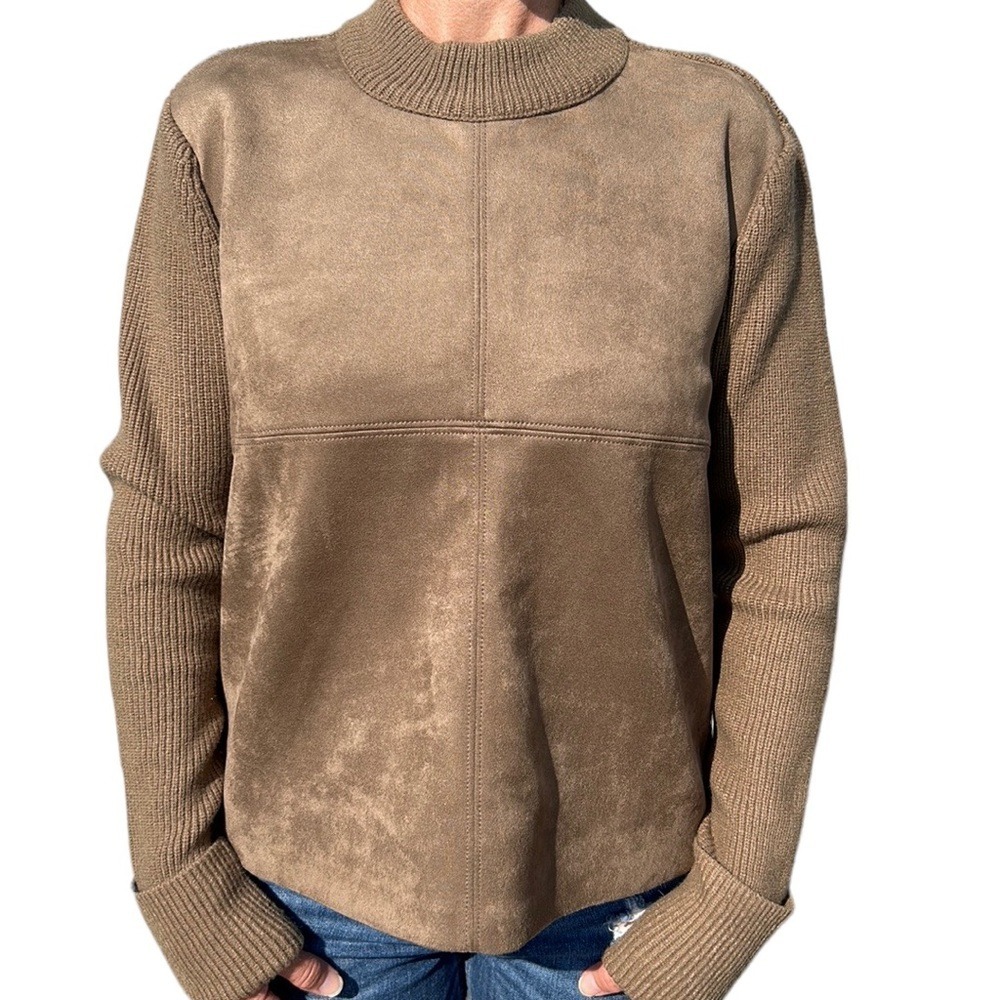 Ann Taylor Women's Faux Suede‎ Mixed Media Sweater Preppy Office Brown M